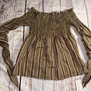 +.Sky Women's Brown Striped Off-Shoulder Smocked Peplum Long Sleeve Blouse
